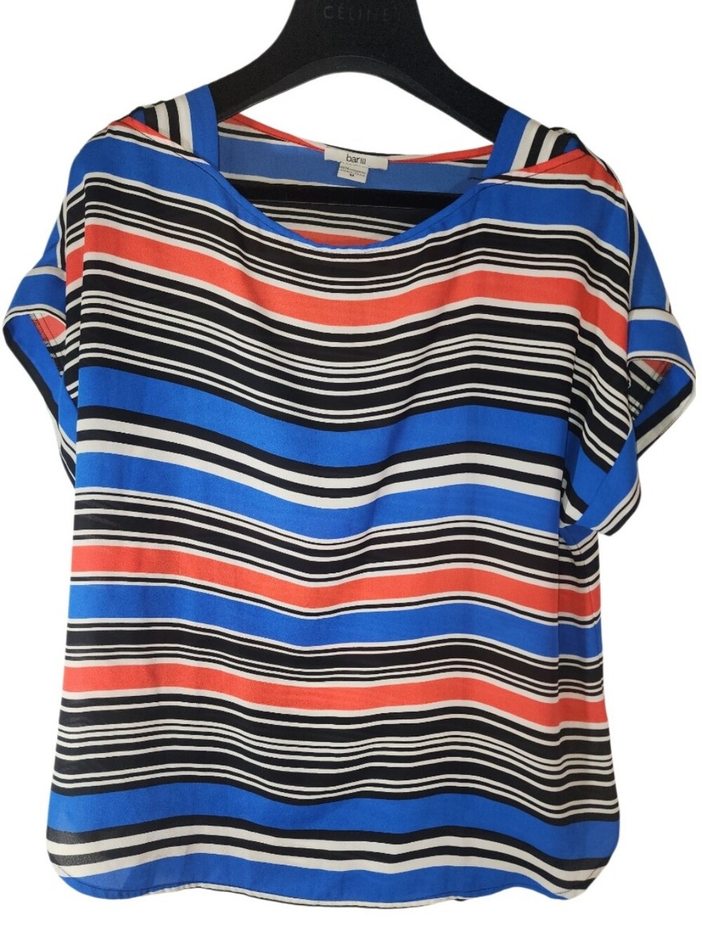 Bar III Coral, Blue & Black Striped Short Sleeve Blouse. M